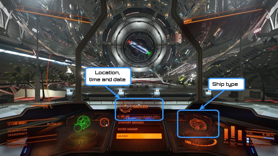 View from cockpit on docking pad ready to launch, showing location, time, date and ship symbol