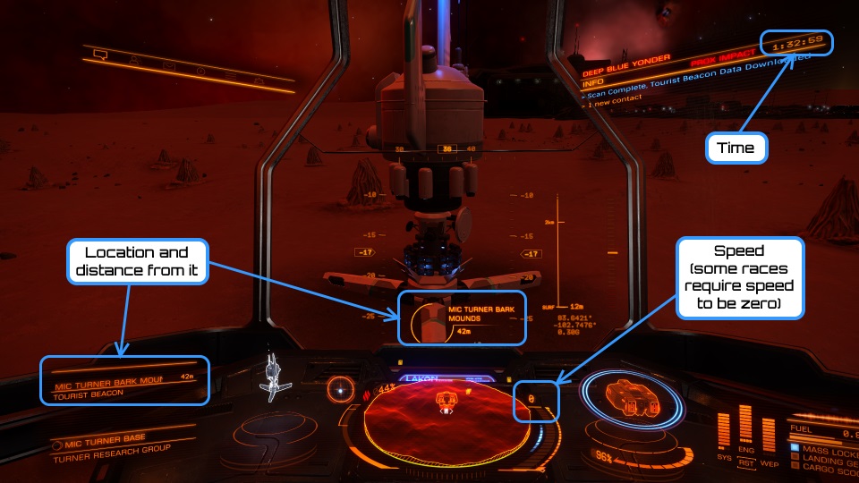 View from cockpit to targeted tourist beacon, showing location, distance from beacon, speed and time